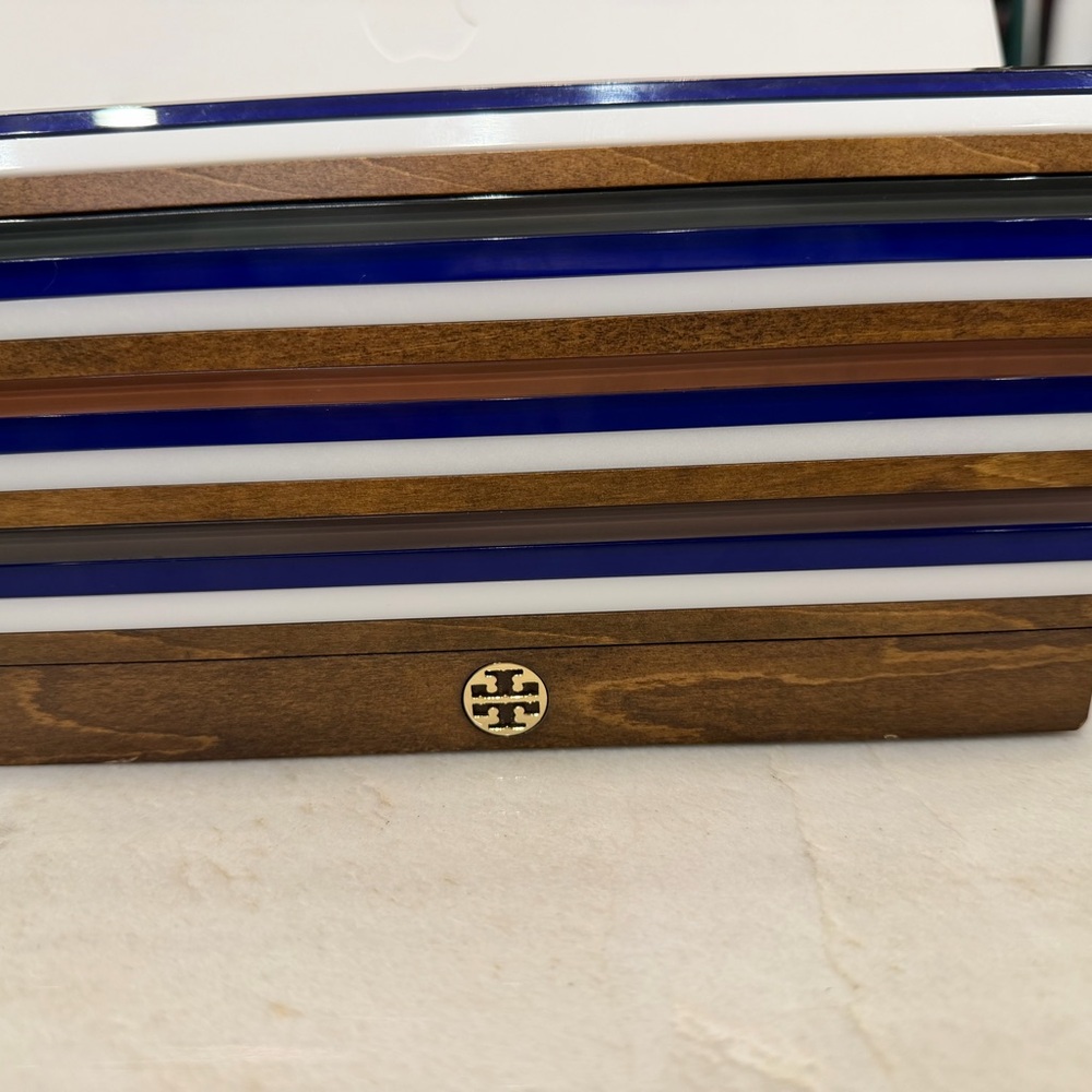 Tory Burch Blue, White & Wood Tone Striped Clutch with Gold Logo with tags
